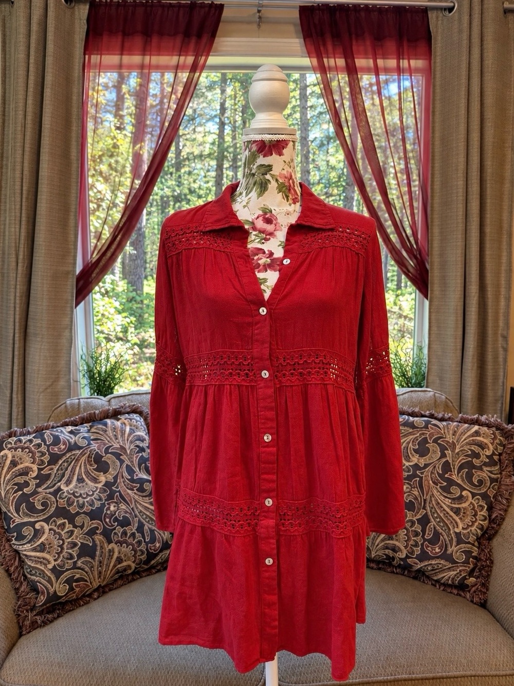 NWT Seaspice Resort Wear Red Crochet Tiered Button Mini Dress Sm Peruvian Cotton